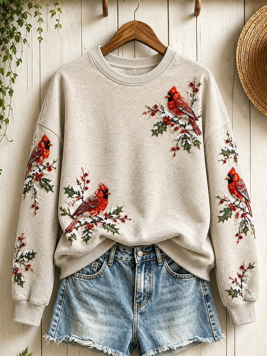 Women's Snowy Winter Red Cardinal Birds on Branches Print Sweatshirt