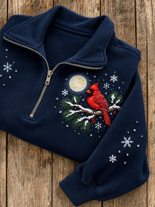 Women's Winter Cardinal Pattern Casual Half-Zip Sweatshirt