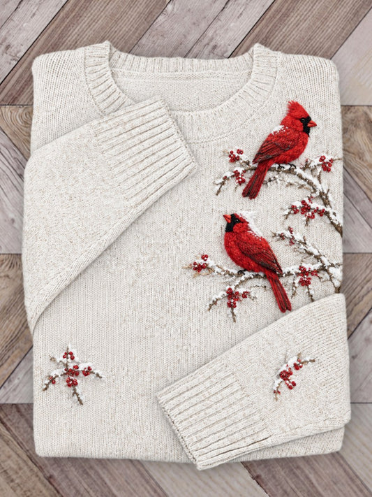 Women's Snowy Winter Red Cardinal Birds on Branches Print crew neck sweater