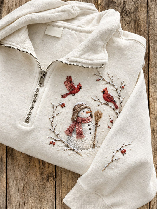Women's Snowy Winter Snowman & Red Cardinals Print Zip Up Sweatshirt