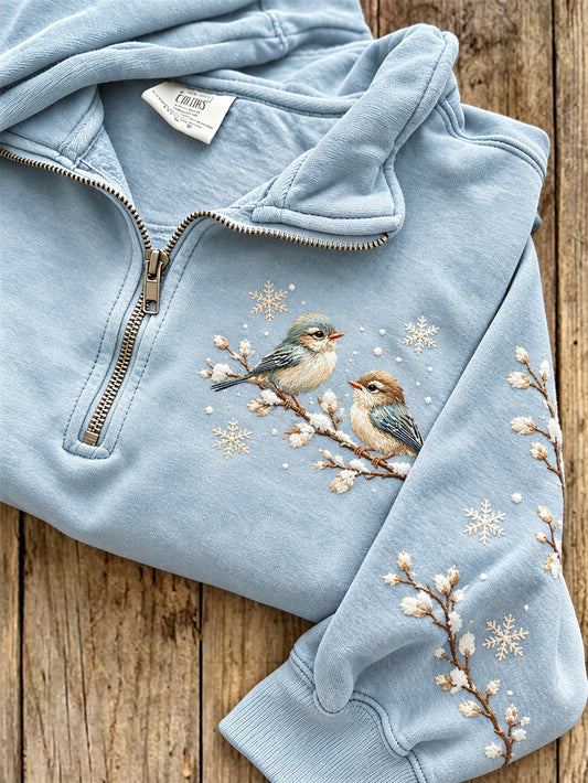 Women's Winter Blue Tit Pattern Casual Half-Zip Sweatshirt