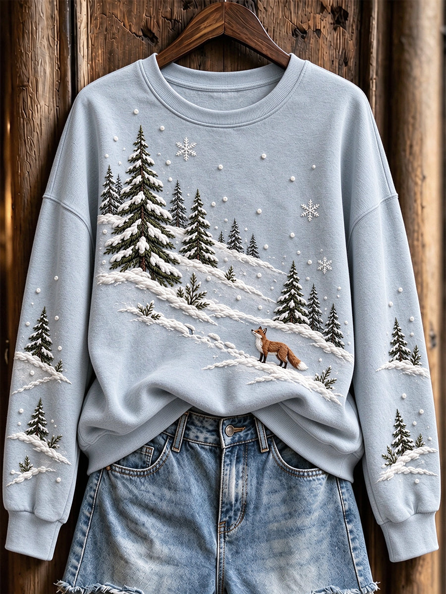 Women's Winter Snowy Fox & Trees Pattern Casual Sweatshirt