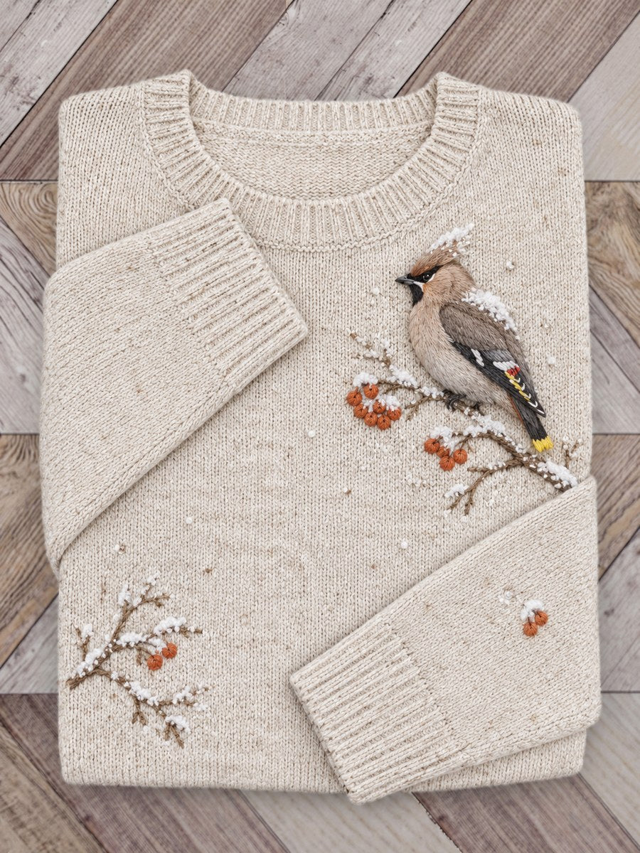 Women's Snowy Winter Bohemian Waxwing Birds on Branches Print crew neck sweater