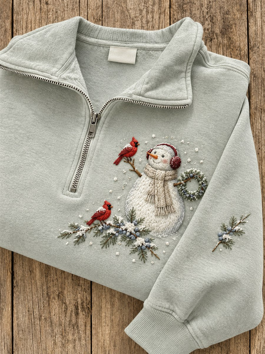 Women's Snowy Winter Snowman & Red Cardinals Print Zip Up Sweatshirt