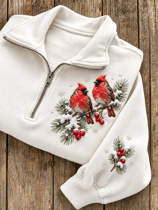 Women's Winter Cardinal Pattern Casual Half-Zip Sweatshirt