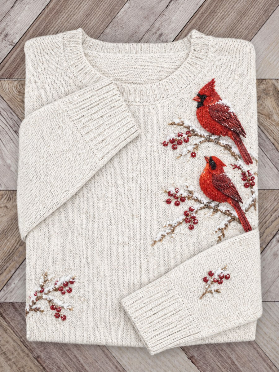 Women's Snowy Winter Red Cardinal Birds on Branches Print crew neck sweater