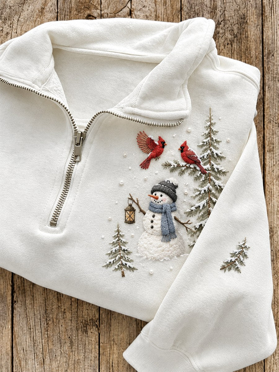 Women's Snowy Winter Snowman & Red Cardinals Print Zip Up Sweatshirt
