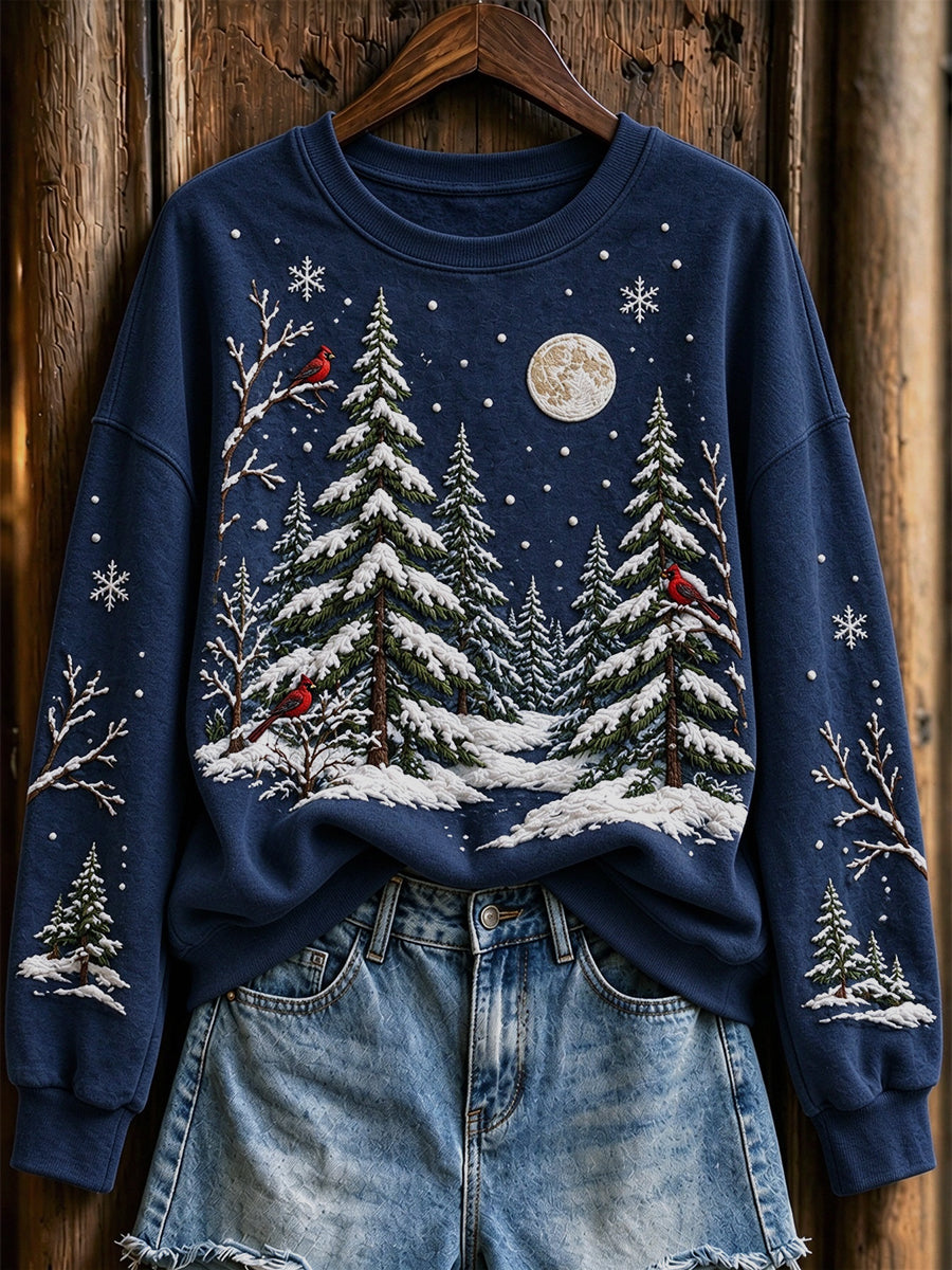 Women's Winter Snowy Bullfinches & Trees Pattern Casual Sweatshirt