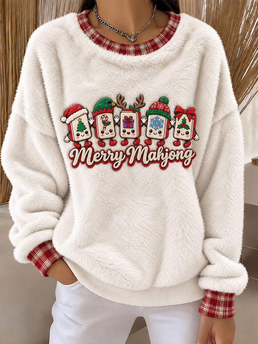 Women's Christmas Mahjong Print Casual Flannel Hoodie