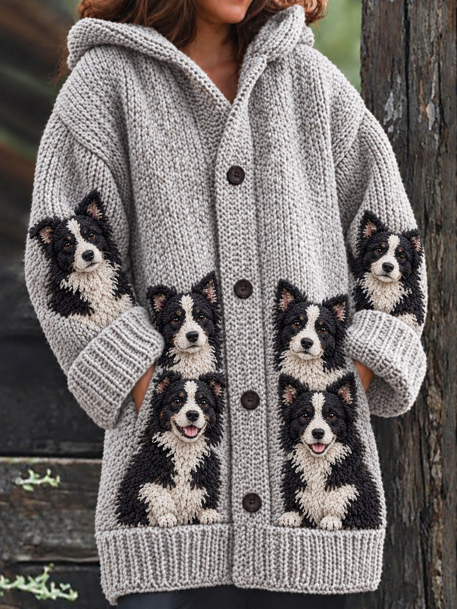 Women's Vintage Crowded Border Collie Dogs Pattern Cozy Composite Fleece Long Coat