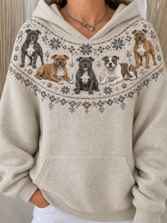 Women's Vintage Staffordshire Bull Terrier Dogs Yoke Isle Pattern Casual Hoodie