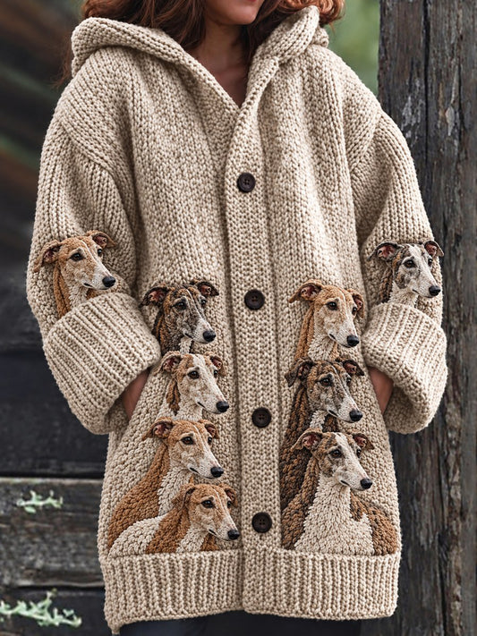 Women's Vintage Crowded Whippet Dogs Pattern Cozy Composite Fleece Long Coat