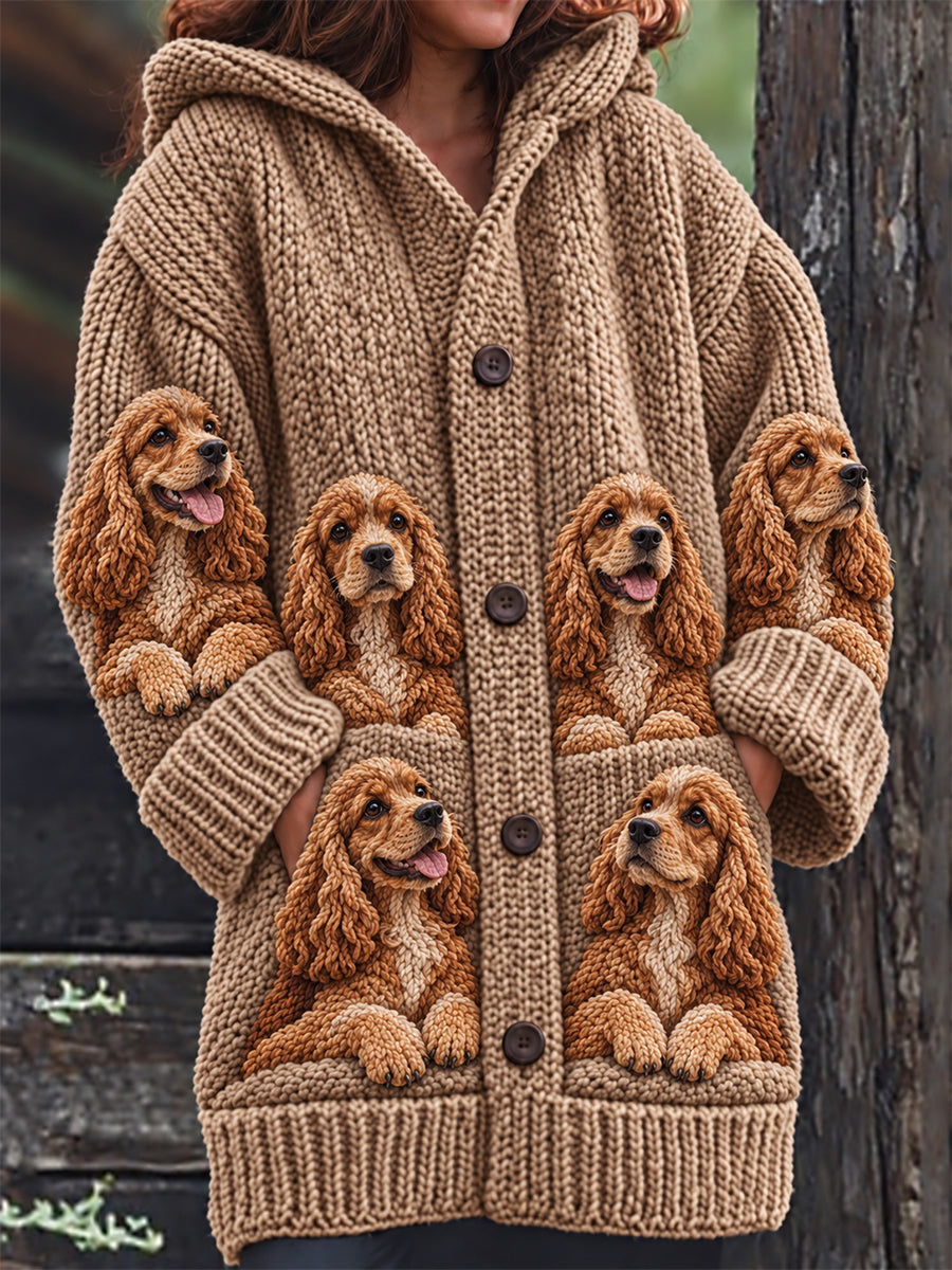 Women's Vintage Crowded Cocker Spaniel Dogs Pattern Cozy Composite Fleece Long Coat