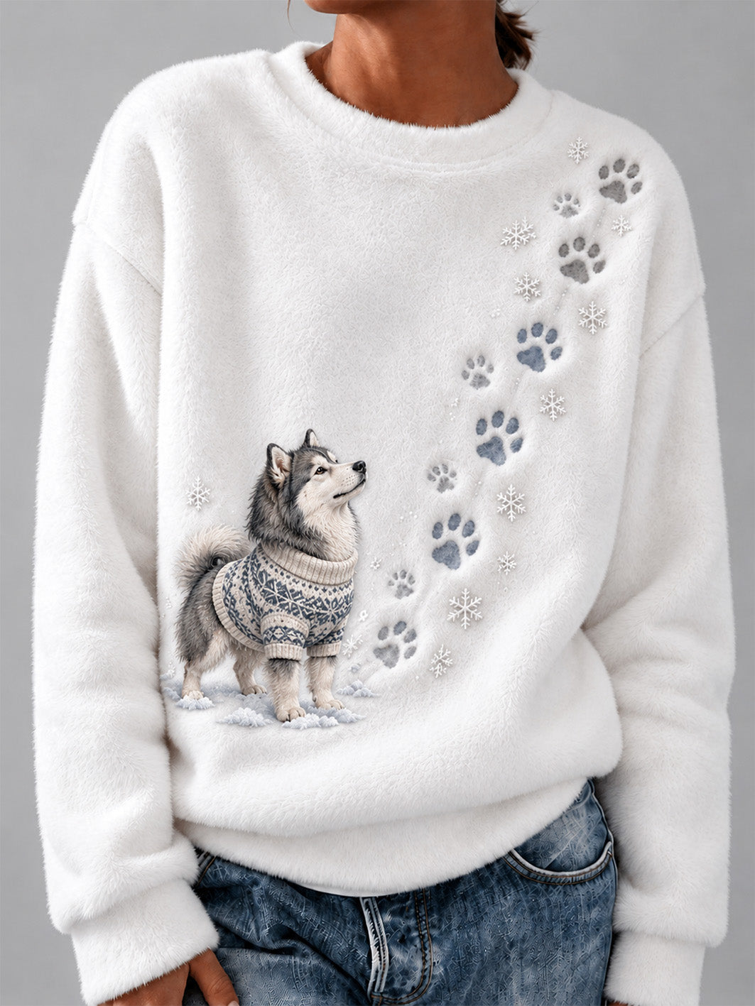 Women's Winter Alaskan Malamute Pattern Causal Flannel Sweatshirt
