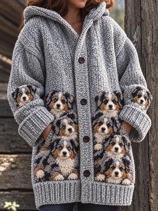 Women's Vintage Crowded Aussie Dogs Pattern Cozy Composite Fleece Long Coat