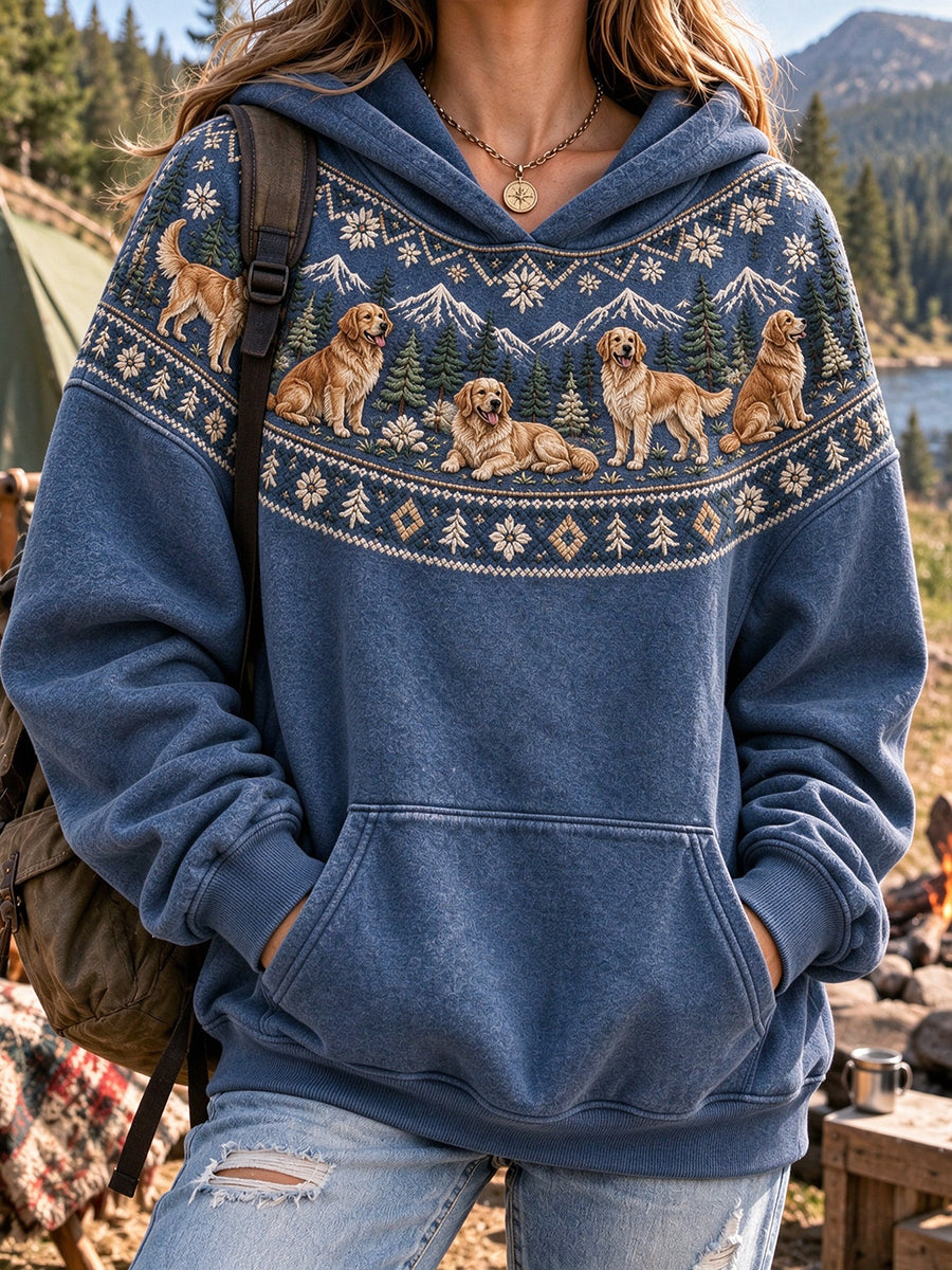Women's Vintage Golden Retriever Dogs Mountain Pattern Casual Hoodie