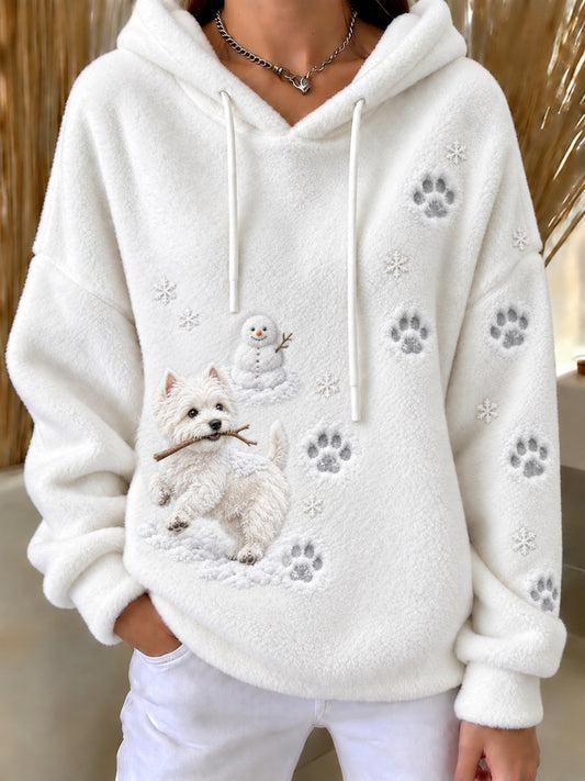 Women's Naughty Westie Dog & Snowman Snowy Winter Print Flannel Hoodie
