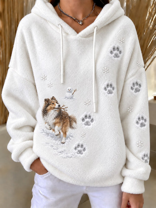 Women's Naughty Sheltie Dog & Snowman Snowy Winter Print Flannel Hoodie