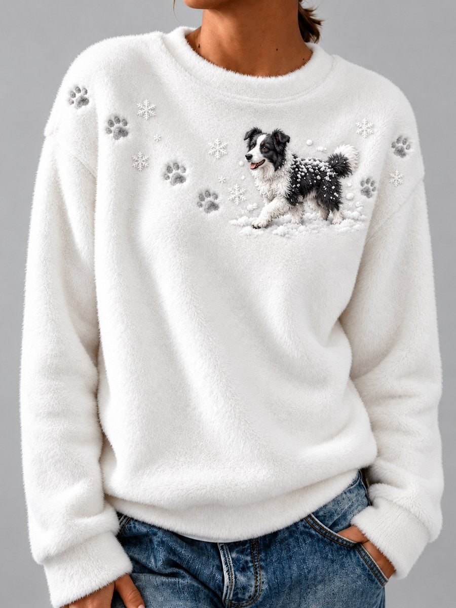 Women's Border Collie Dog in the Snow & Paw Prints Yoke Print Flannel Sweatshirt