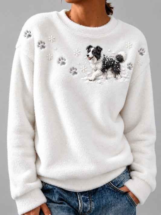 Women's Border Collie Dog in the Snow & Paw Prints Yoke Print Flannel Sweatshirt