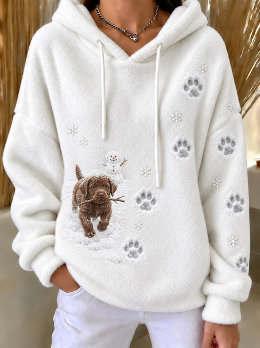 Women's Naughty Labrador Dog & Snowman Snowy Winter Print Flannel Hoodie