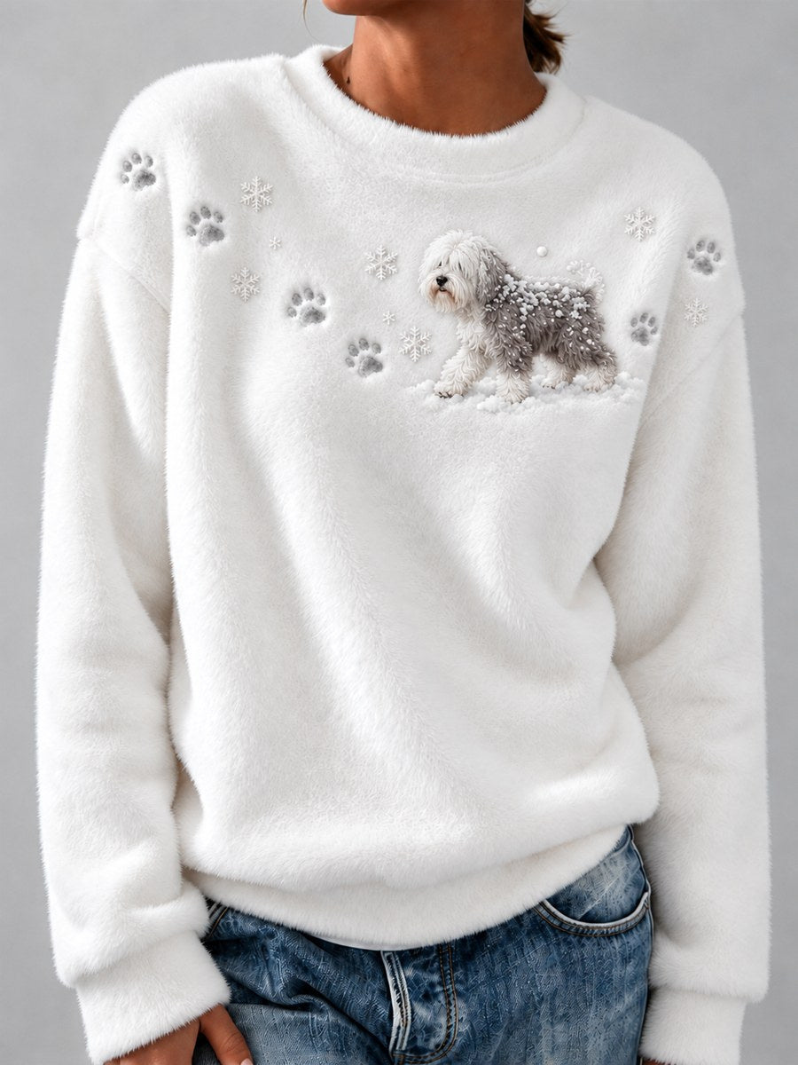 Women's Old English Sheepdog in the Snow & Paw Prints Yoke Print Flannel Sweatshirt