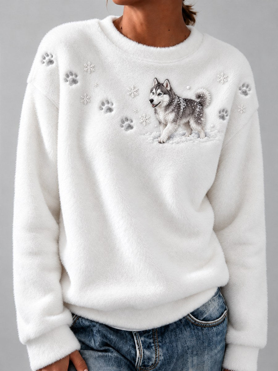 Women's Husky Dog in the Snow & Paw Prints Yoke Print Flannel Sweatshirt
