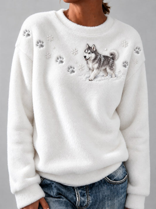 Women's Husky Dog in the Snow & Paw Prints Yoke Print Flannel Sweatshirt