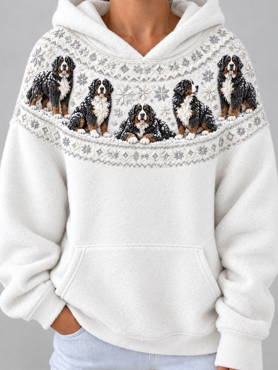 Women's Snowy Winter Bernese Mountain Dogs Yoke Isle Print Hoodie