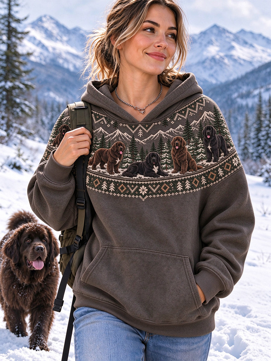 Women's Vintage Newfoundland Dogs Yoke Isle Pattern Casual Hoodie