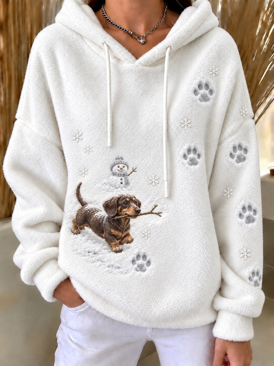 Women's Naughty Dachshund Dog & Snowman Snowy Winter Print Flannel Hoodie