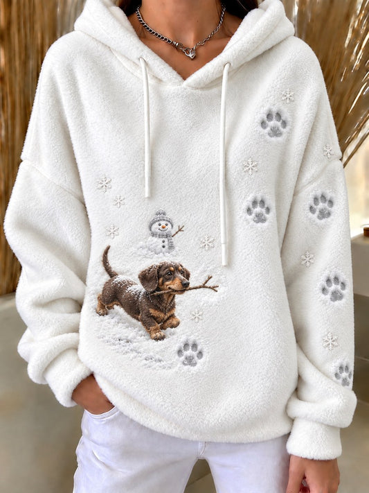 Women's Naughty Dachshund Dog & Snowman Snowy Winter Print Flannel Hoodie