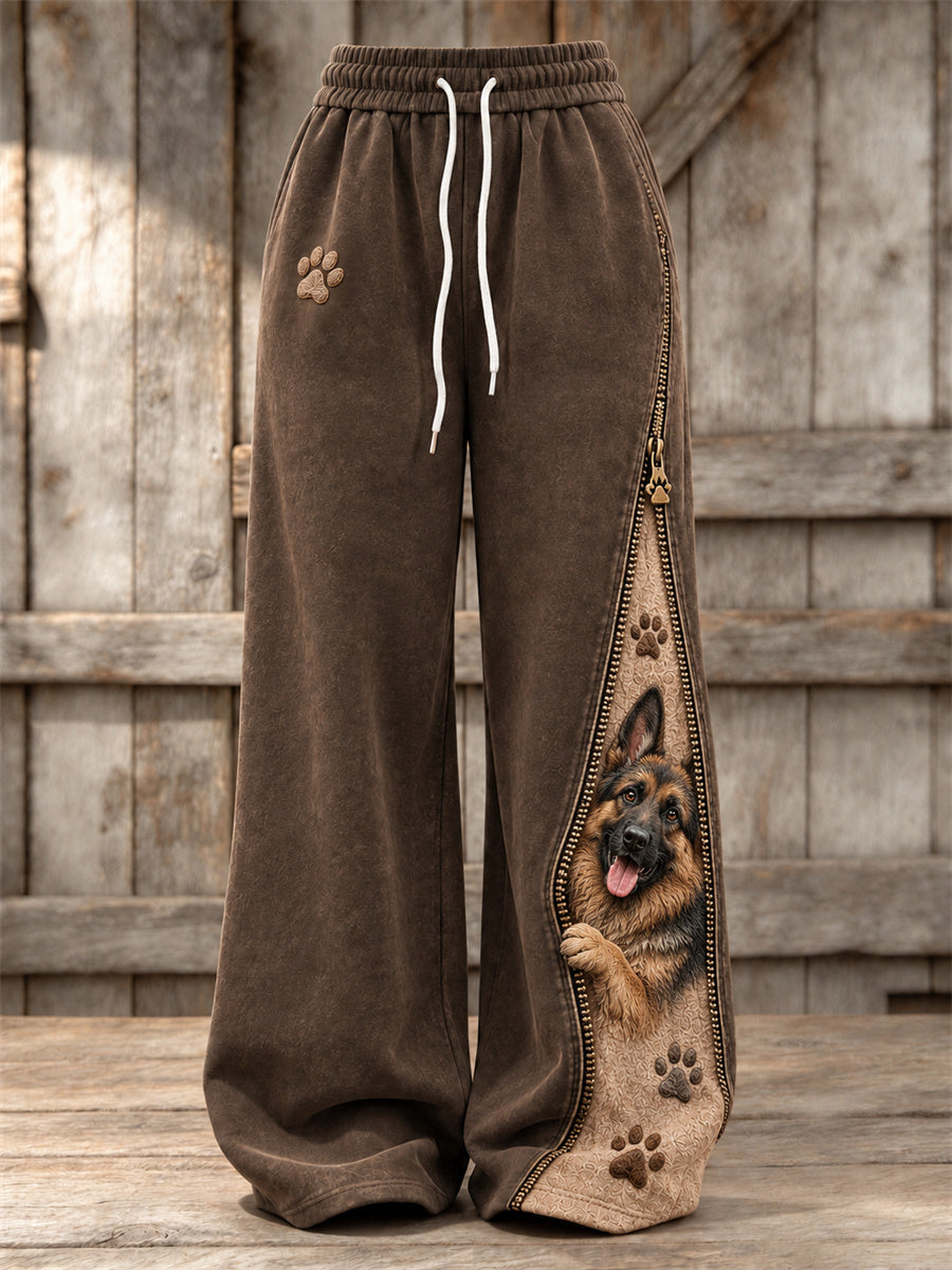 Women's Peeking German Shepherd Dog & Paw Prints Zipper Contrast Print Wide Leg Sweatpants