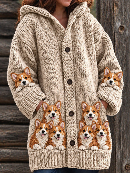 Women's Vintage Crowded Corgi Dogs Print Cozy Composite Fleece Long Coat