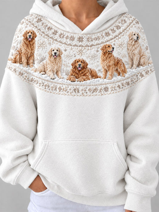 Women's Snowy Winter Golden Retriever Dogs Yoke Isle Print Hoodie