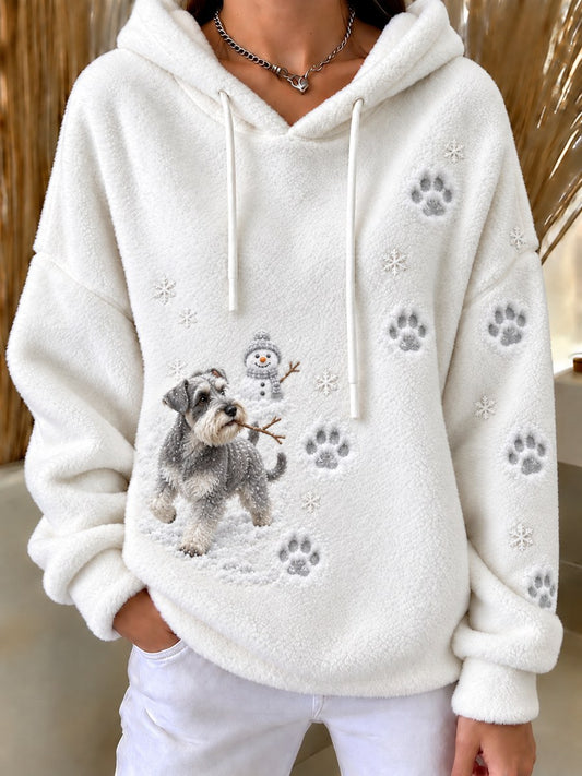 Women's Naughty Schnauzer Dog & Snowman Snowy Winter Print Flannel Hoodie