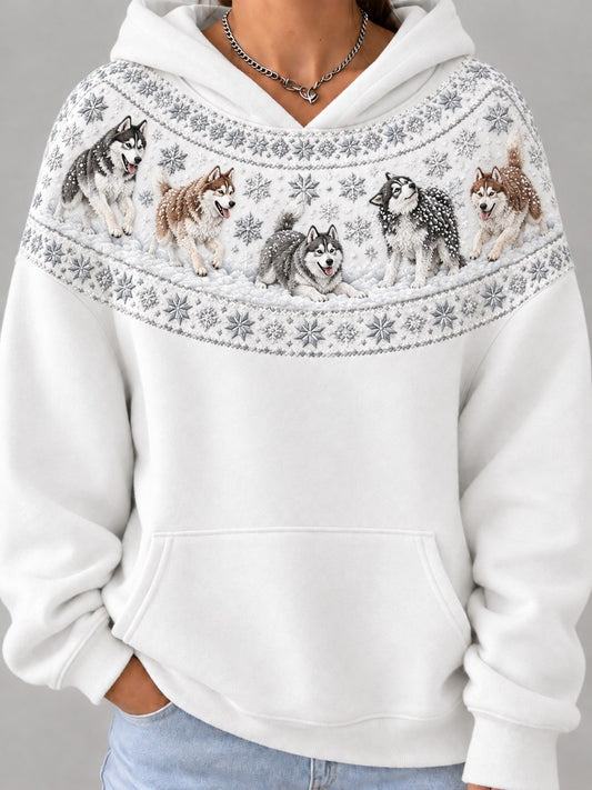 Women's Snowy Winter Husky Dogs Yoke Isle Print Hoodie