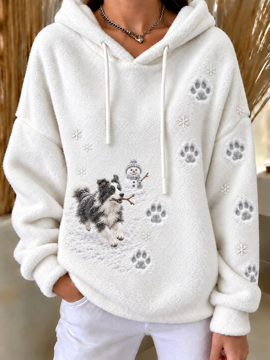 Women's Naughty Border Collie Dog & Snowman Snowy Winter Print Flannel Hoodie