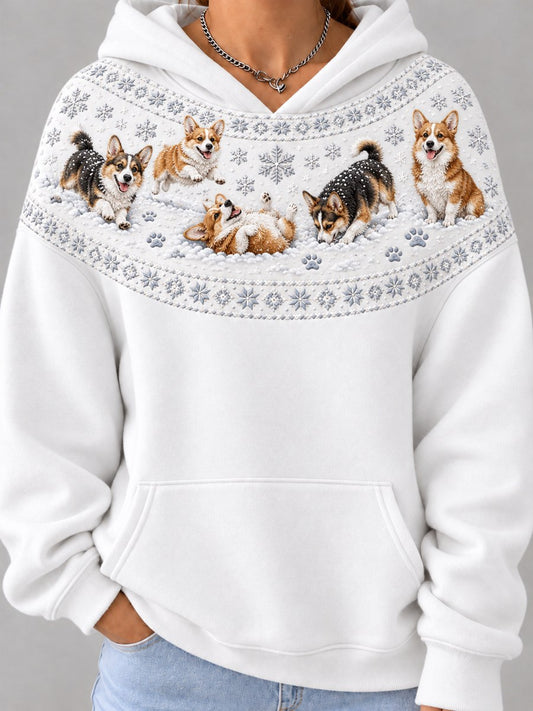 Women's Snowy Winter Corgi Dogs Yoke Isle Print Hoodie
