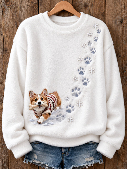 Women's Winter Corgi Pattern Causal Flannel Sweatshirt