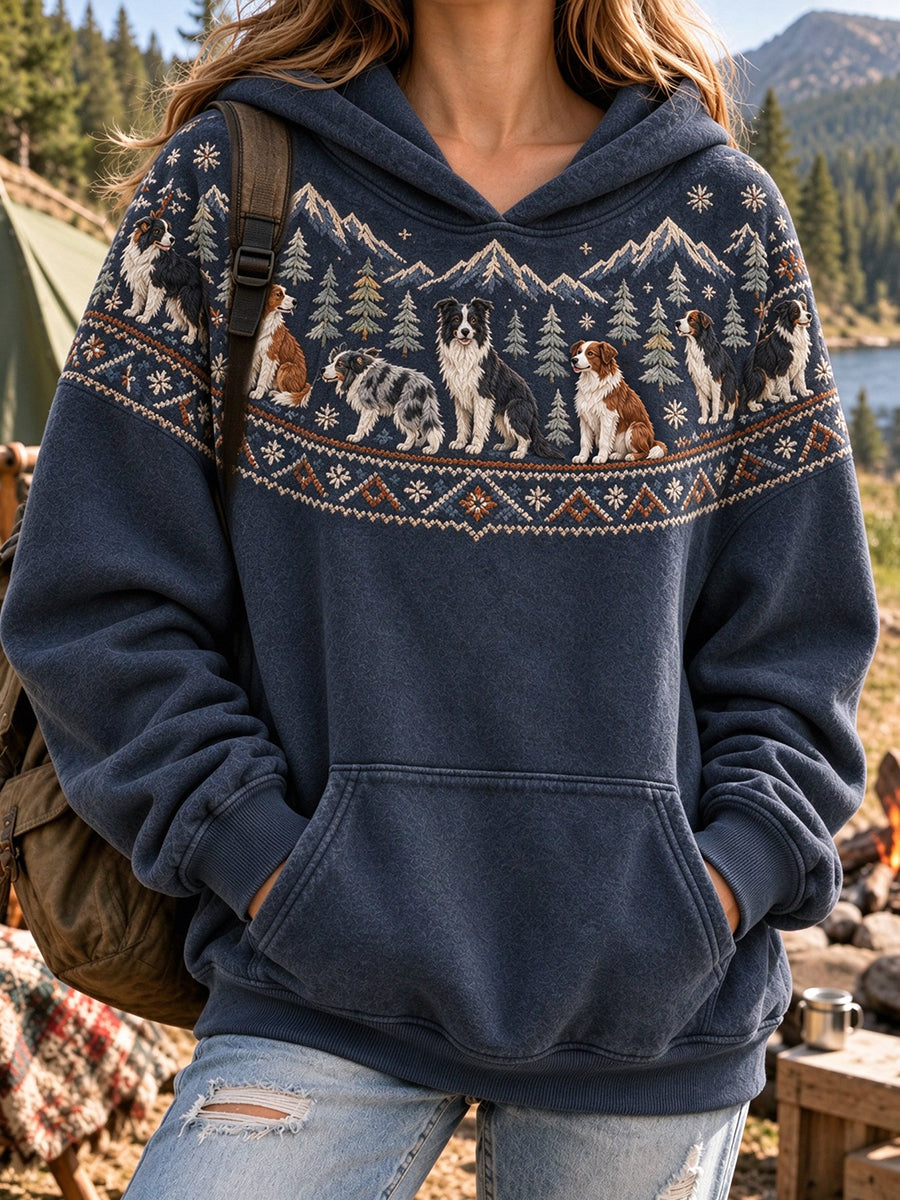 Women's Vintage Border Collie Dogs Yoke Isle Pattern Casual Hoodie