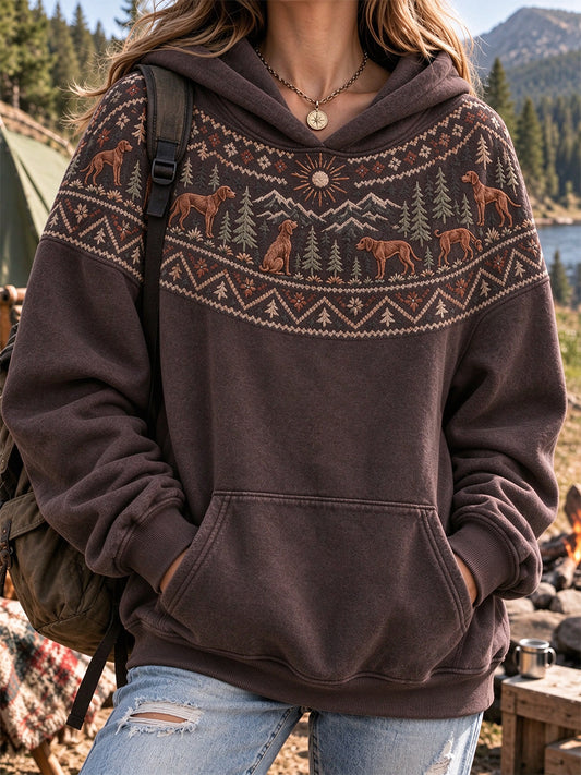 Women's Vintage Vizsla Dogs Yoke Isle Pattern Casual Hoodie