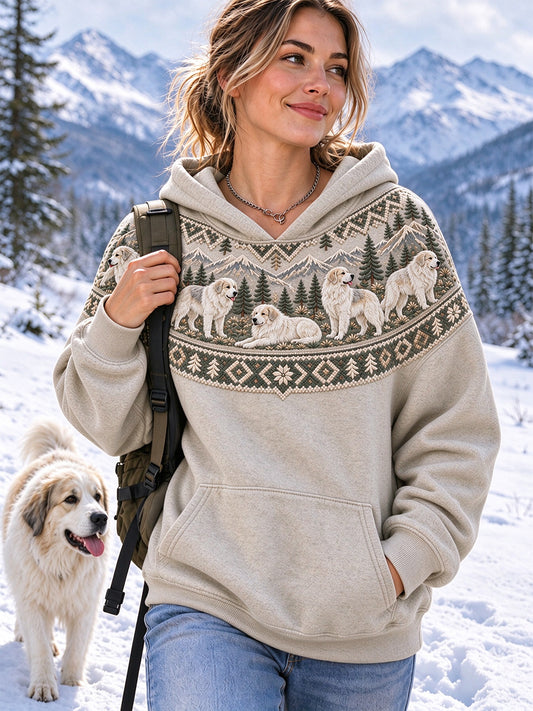 Women's Vintage Great Pyrenees Dogs Yoke Isle Pattern Casual Hoodie