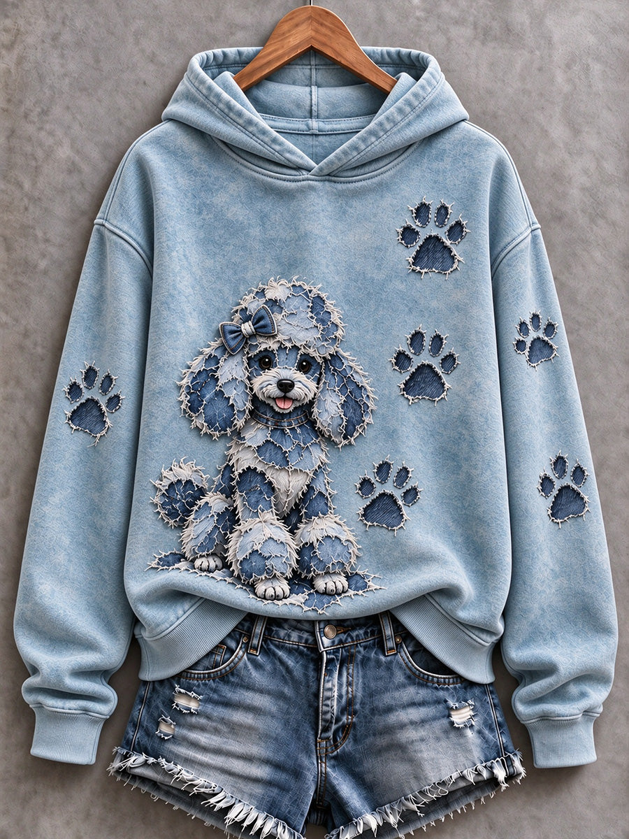 Women's Poodle & Paw Prints Patchwork Print Casual Hoodie