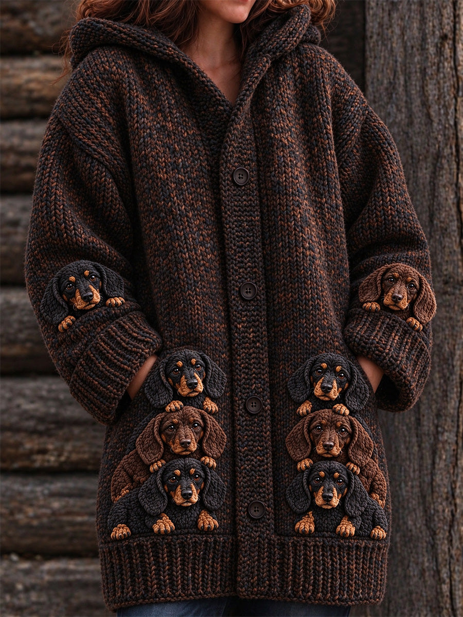Women's Vintage Crowded Dachshunds Print Cozy Composite Fleece Long Coat
