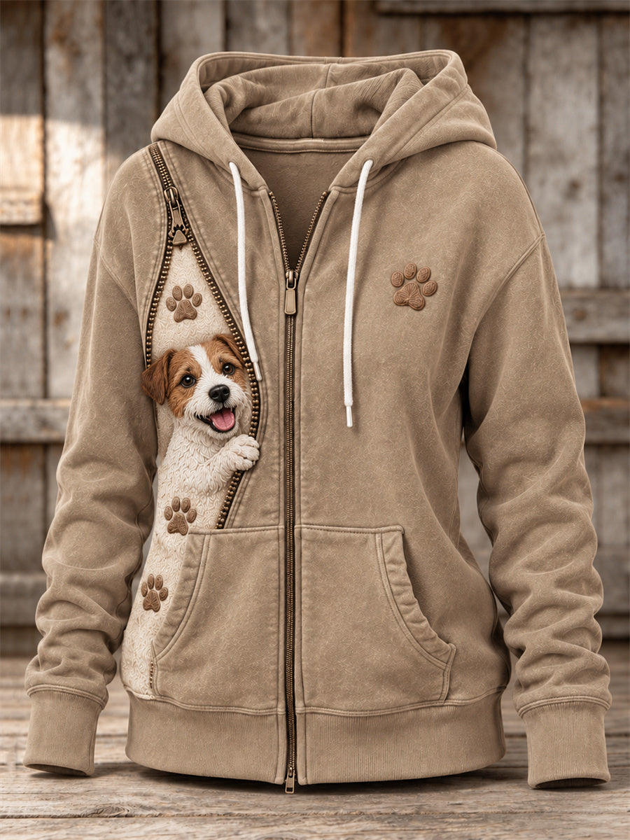 Women's Peeking Jack Russell Dog & Paw Prints Zipper Contrast Print Full Zip Hoodie