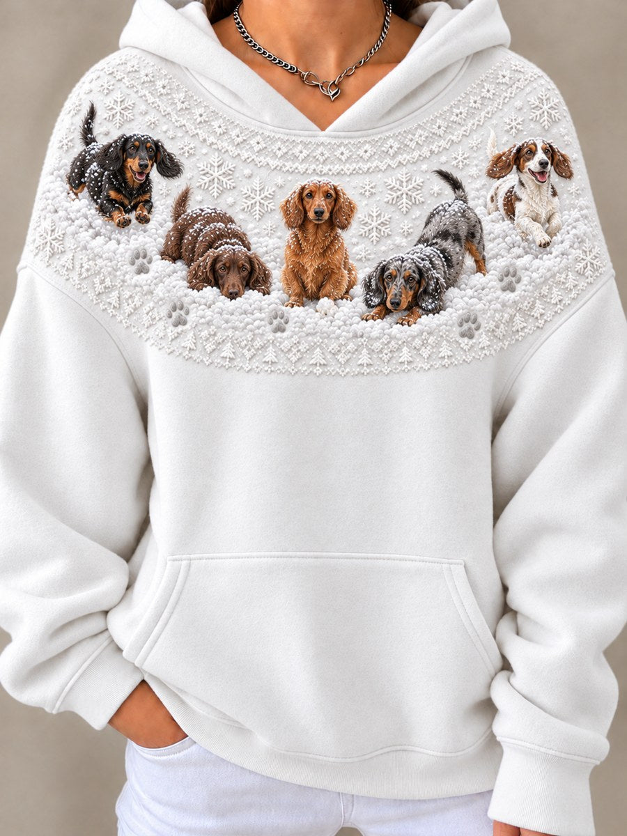 Women's Snowy Winter Dachshund Dogs In the Snow Yoke Isle Print Hoodie