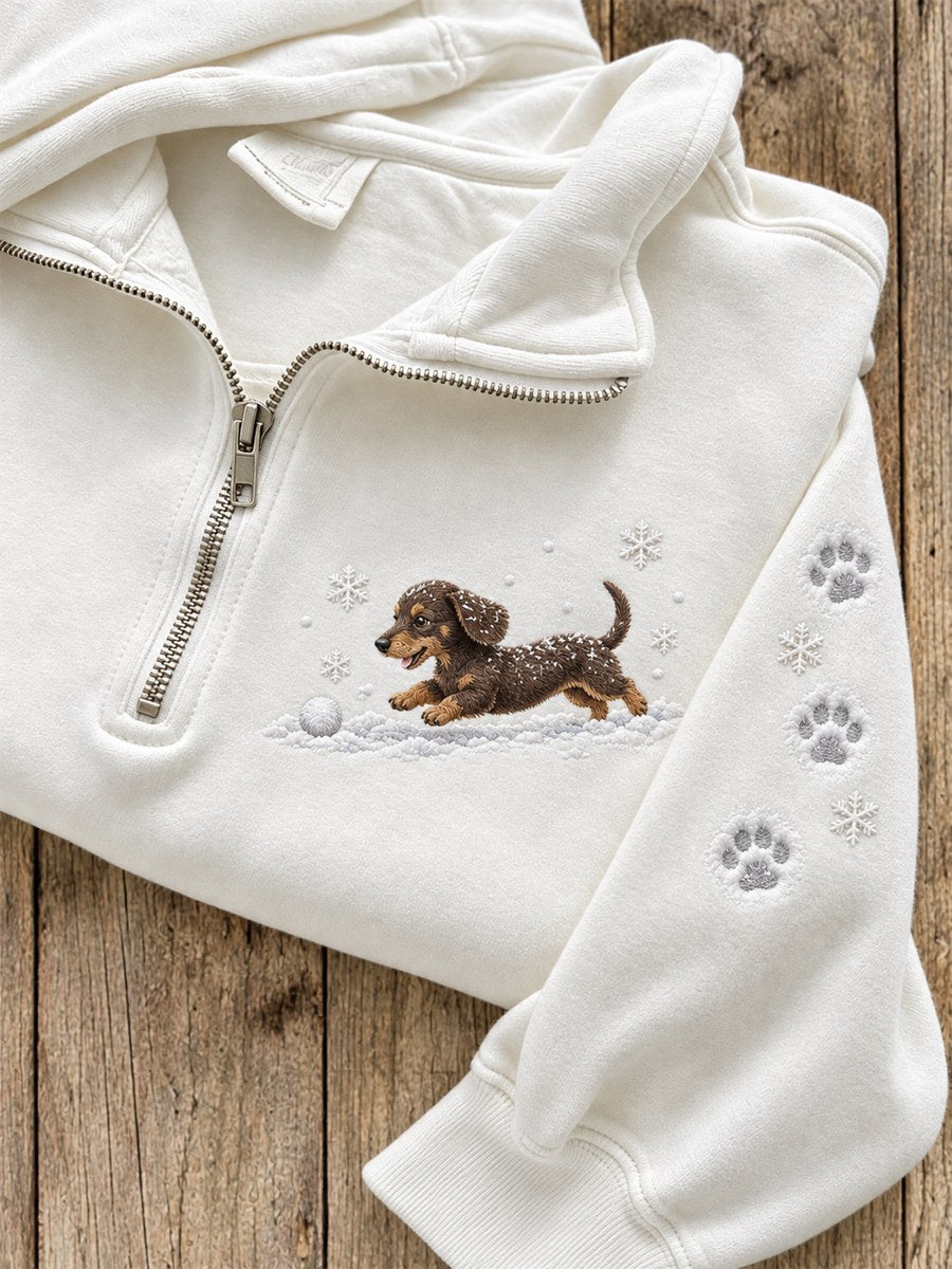Women's Snowy Winter Dachshund Dog In the Snow Print Zip Up Sweatshirt