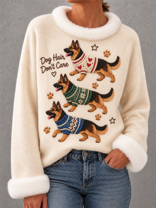 Women's German Shepherd Print Dog Lovers Casual Fur Collar Top