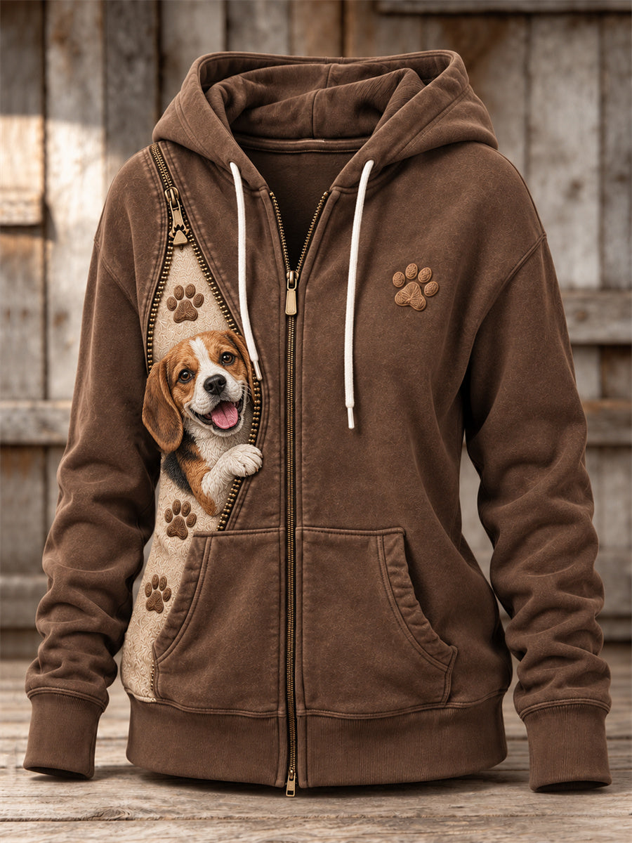 Women's Peeking Beagle Dog & Paw Prints Zipper Contrast Print Full Zip Hoodie